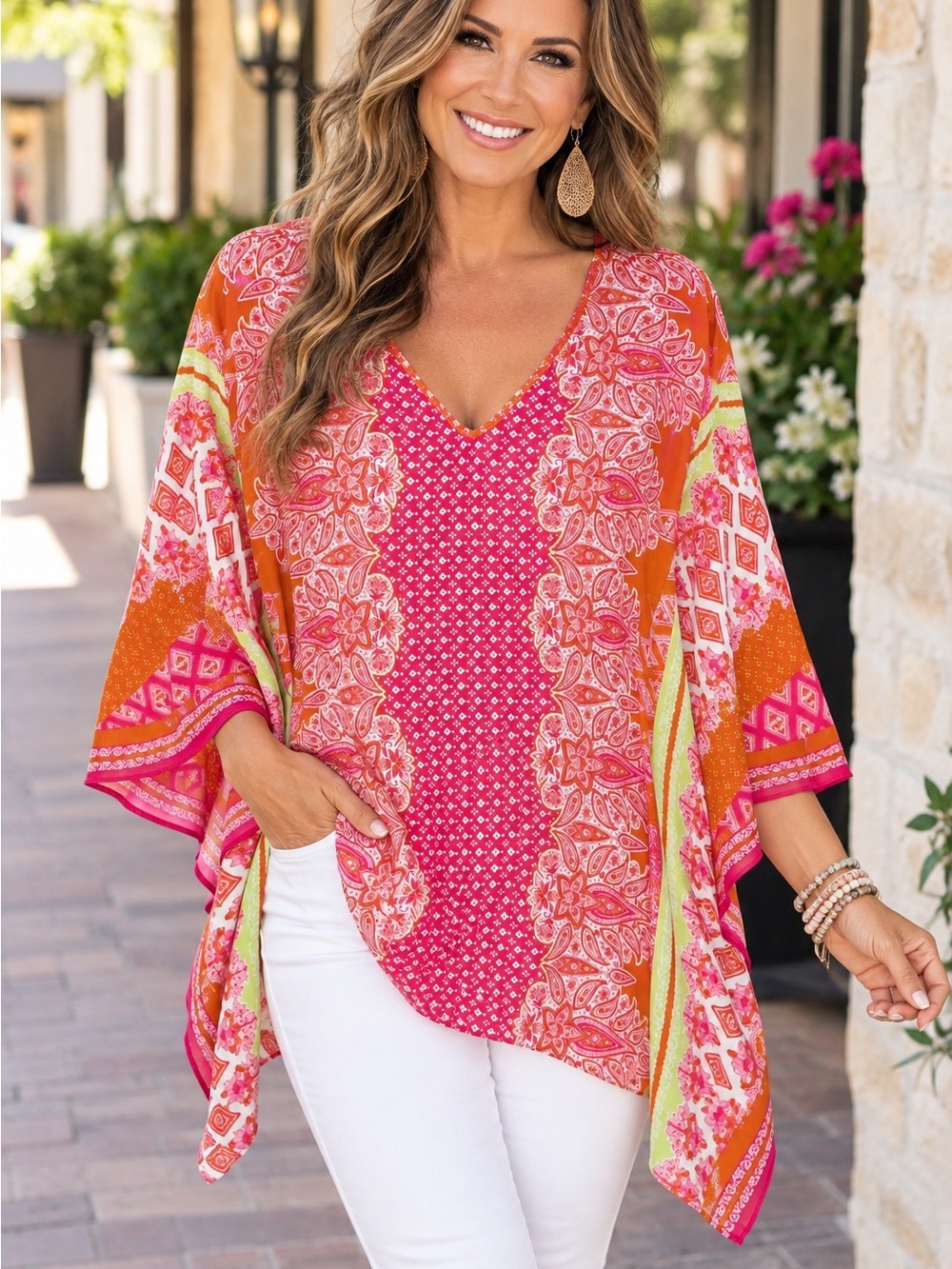 NWOT Belle by Kim Gravel Boho Mixed Print V-Neck Tunic Blouse